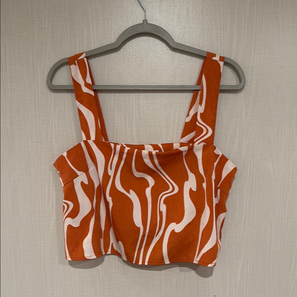 Orange Boxy Crop Tank Top with Abstract Pattern